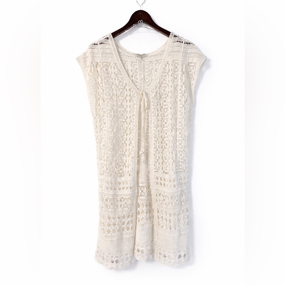 Davi & Dani White Crochet Kimono Duster Swim Cover Up Size S/M Cotton NWOT